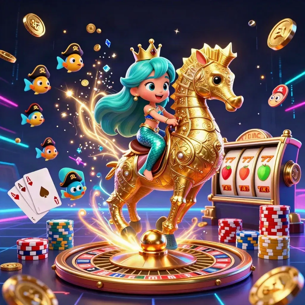 Mermaid princess on armored seahorse amid coins, roulette, cards, chips, and neon casino magic.