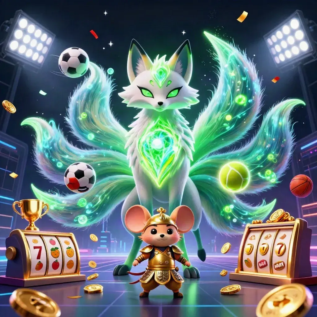 Nine-tailed neon fox and gold-armoured mouse amid casino slots, balls, coins, and fireworks.