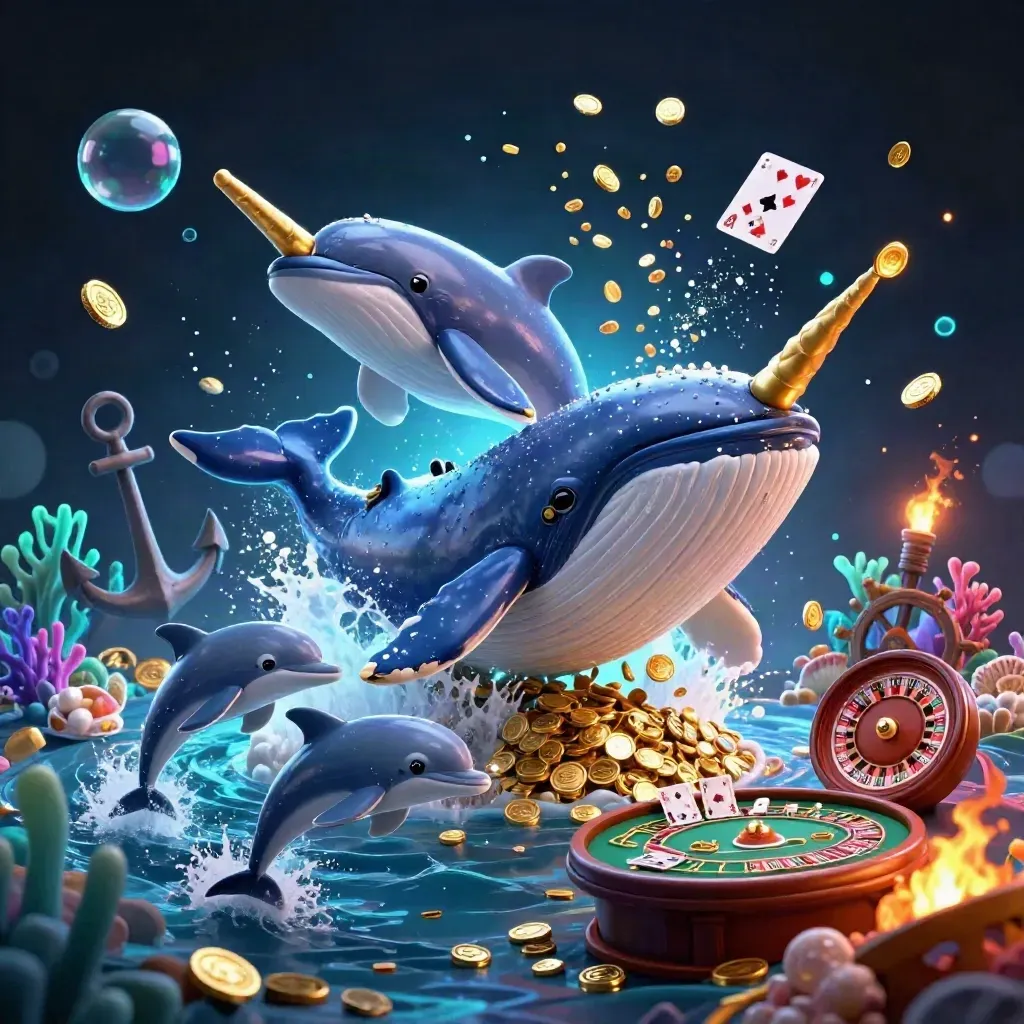 Captain whale, narwhal and dolphins burst through coins in a neon treasure cove