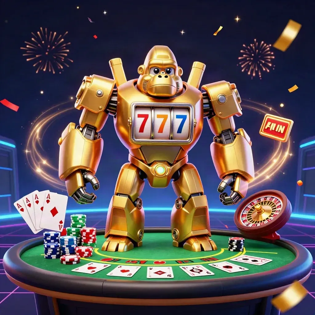 Golden gorilla mech with tiny monkey pilot amid casino cards, chips, roulette, sparks