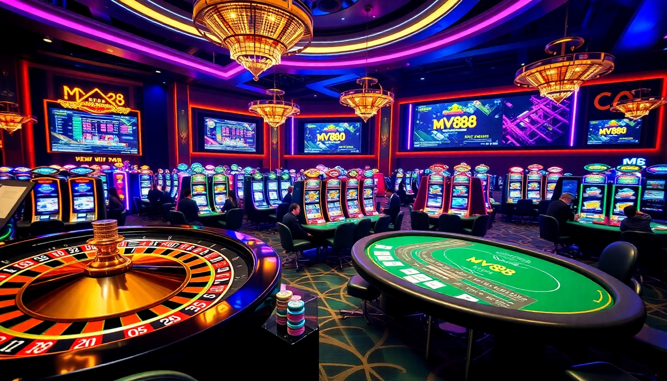 Players engaged in thrilling games at mv88 casino tables, surrounded by vibrant slot machines.