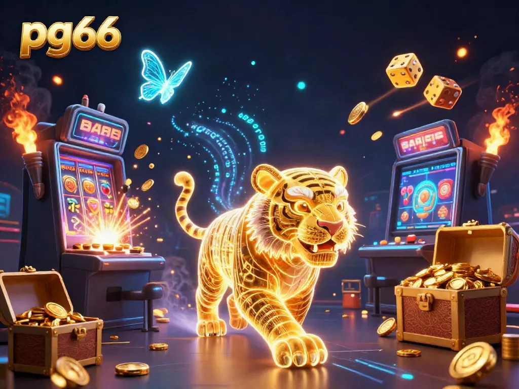 Experience pg66's vibrant casino landscape with an energetic golden tiger and dynamic gameplay elements.