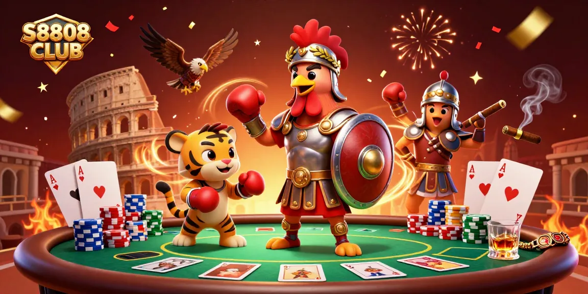 S8808 CLUB showcases a thrilling poker scene with a gladiator rooster and a tiger cub in a vibrant casino setting.
