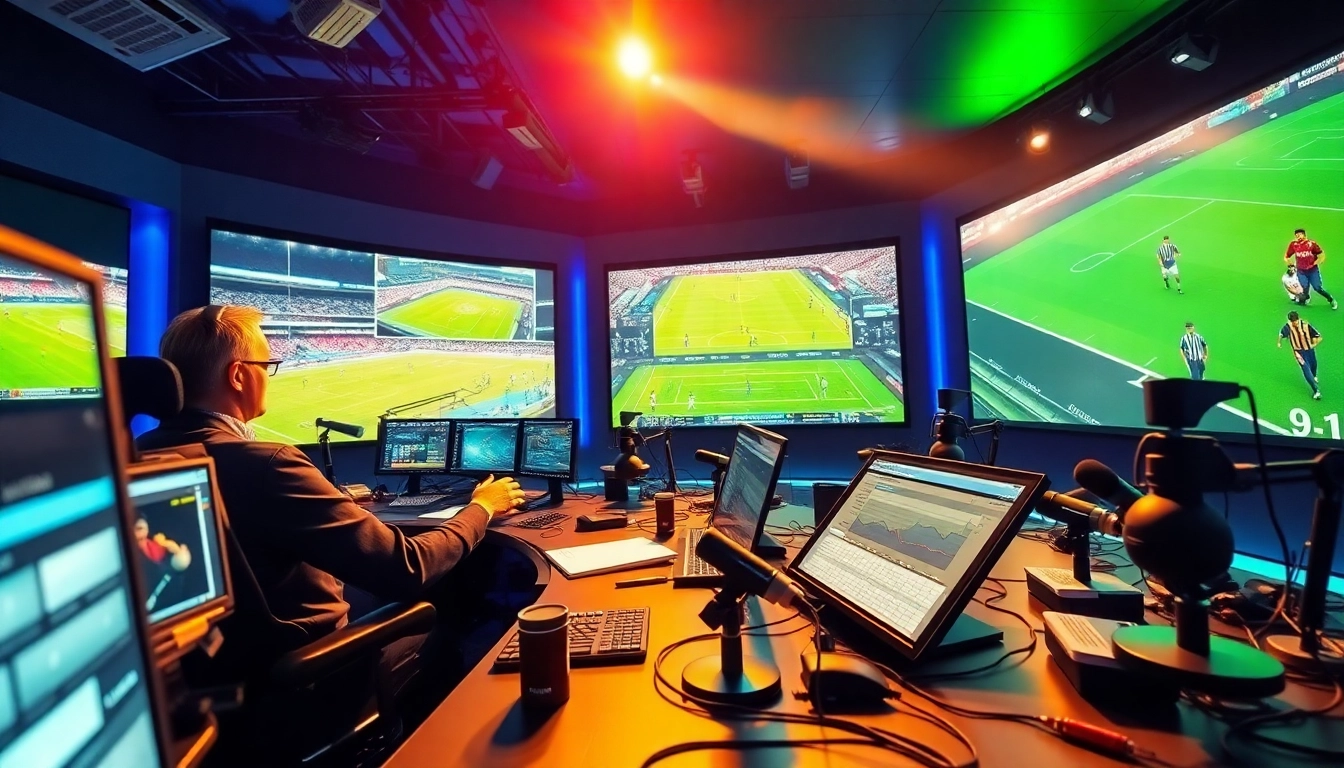 Sports Broadcasting analysts engaging in a vibrant studio with live feeds displayed on screens.