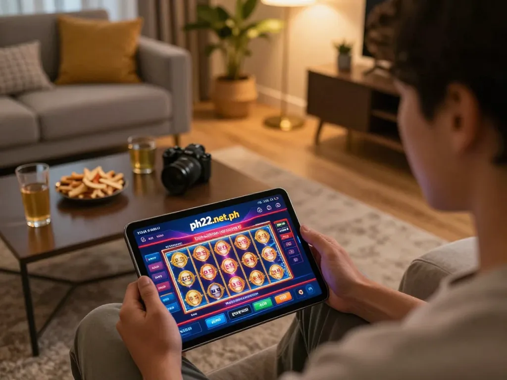 Engaging gameplay on ph22.net.ph casino app showcasing vibrant slot games in a cozy home setting