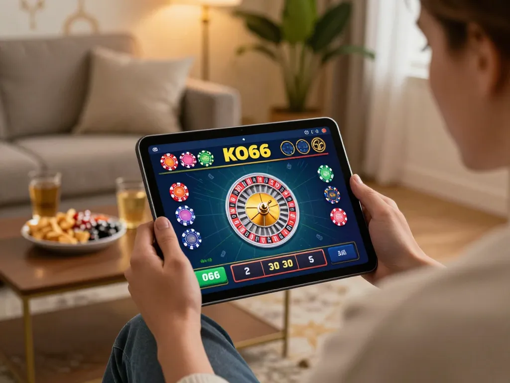 Tham gia trò chơi roulette trên ứng dụng di động KO66 trong khi tận hưởng một buổi tối thoải mái tại nhà.