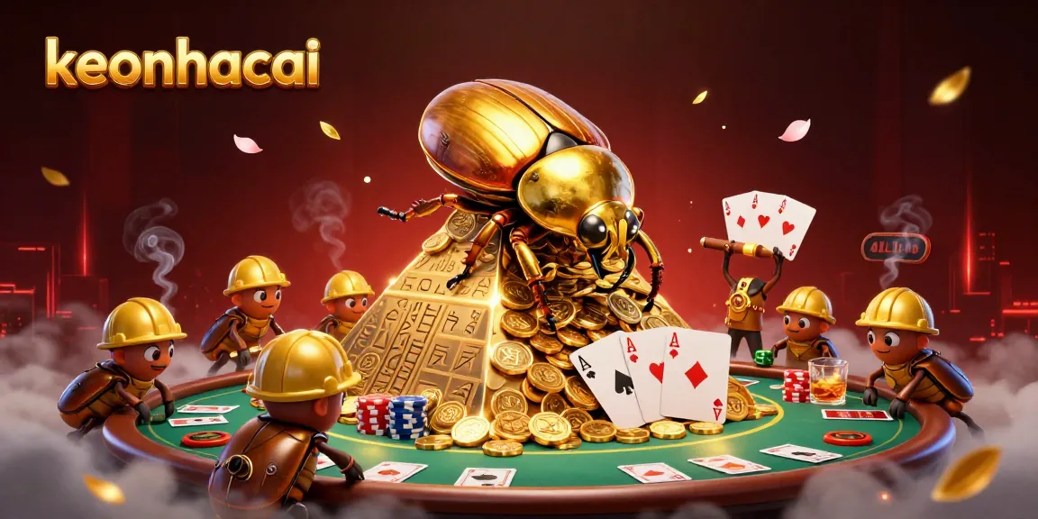 Experience keonhacai where a golden dung beetle rolls a treasure of coins in a vibrant casino setting.