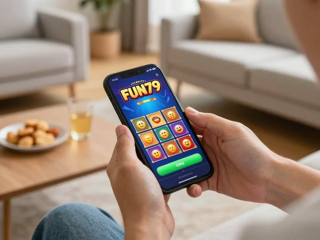 Tải app fun79 on smartphone showcasing exciting games in a cozy gaming space