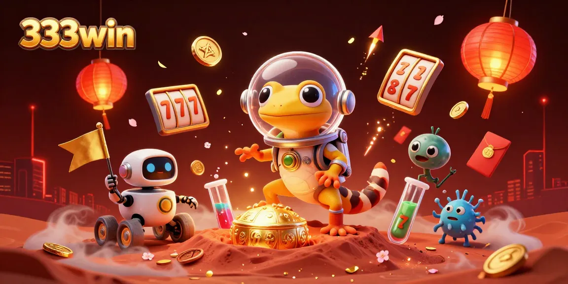 333win casino experience with a Martian gecko discovering a golden casino surrounded by vibrant game elements.