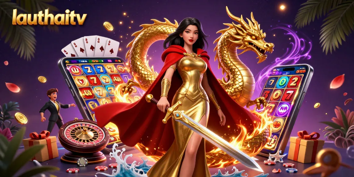 lauthaitv showcases an Asian warrior queen surrounded by vibrant slot game elements, golden coins, and dragons.