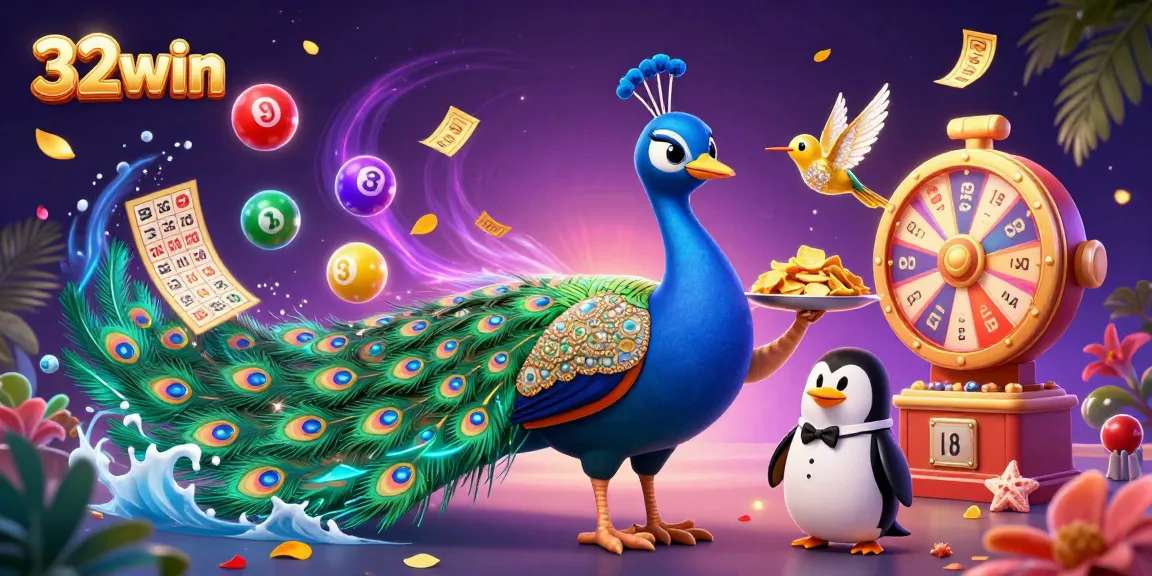 Experience the excitement of 32win with a vibrant 3D illustration featuring a peacock and colorful lottery elements.