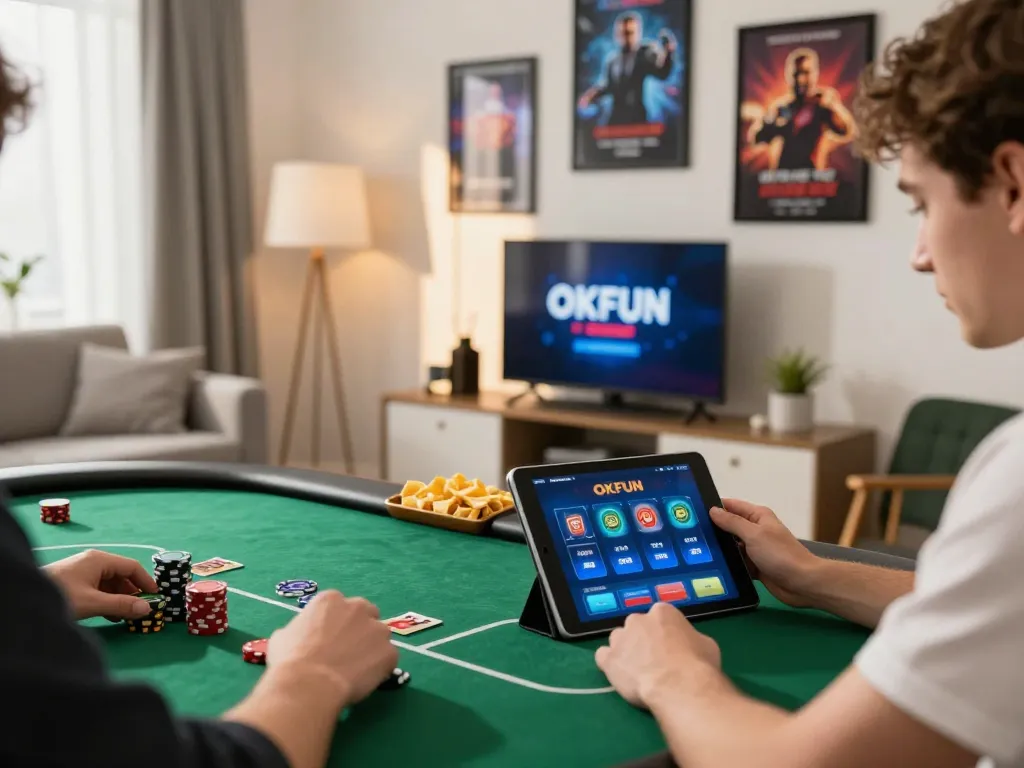 Engaging with the OKFUN app for online betting in a cozy home gaming setup.