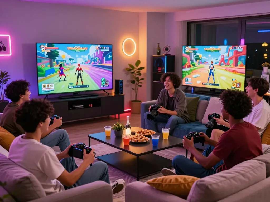 Exciting gaming party scene featuring players enjoying a hentai game with animated visuals and snacks.