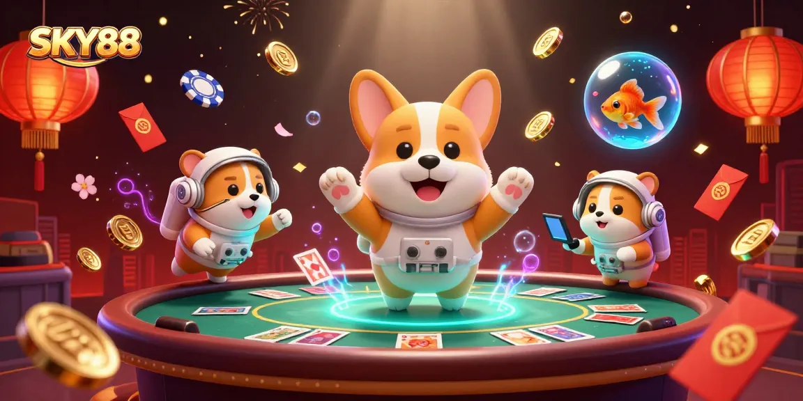 Engage in thrilling gambling strategies with SKY88 as an astronaut corgi navigates a vibrant casino in zero gravity.