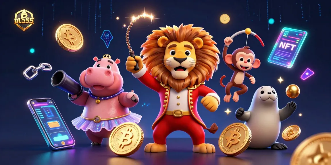 Immerse in the vibrant world of BL555 with a dynamic circus scene showcasing gambling elements and crypto coins.