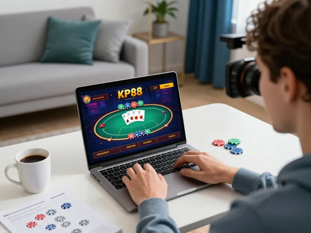 Player enjoying KP88 online casino gaming on a laptop with vibrant interface and strategy notes.