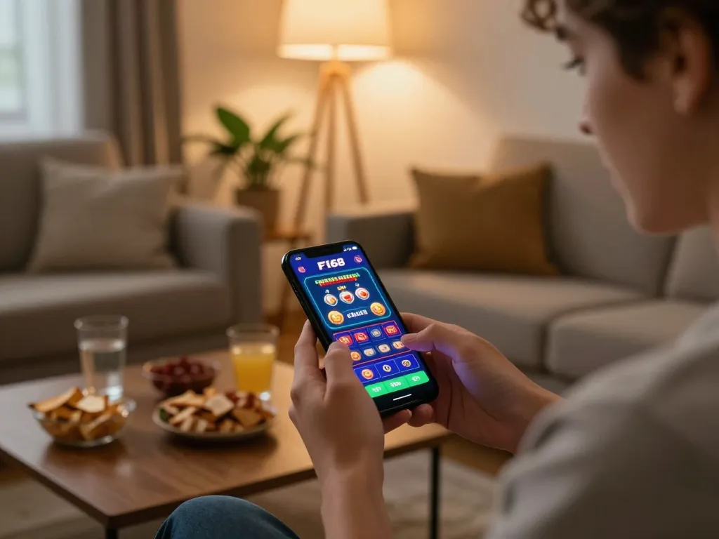 Engaging in online gaming by tải F168 mobile app while relaxing at home with snacks.