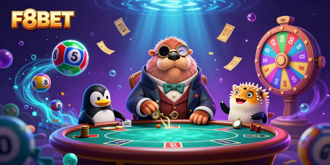 Join the fun with F8BET casino games with a jolly walrus, penguin dealer, and floating lottery balls!
