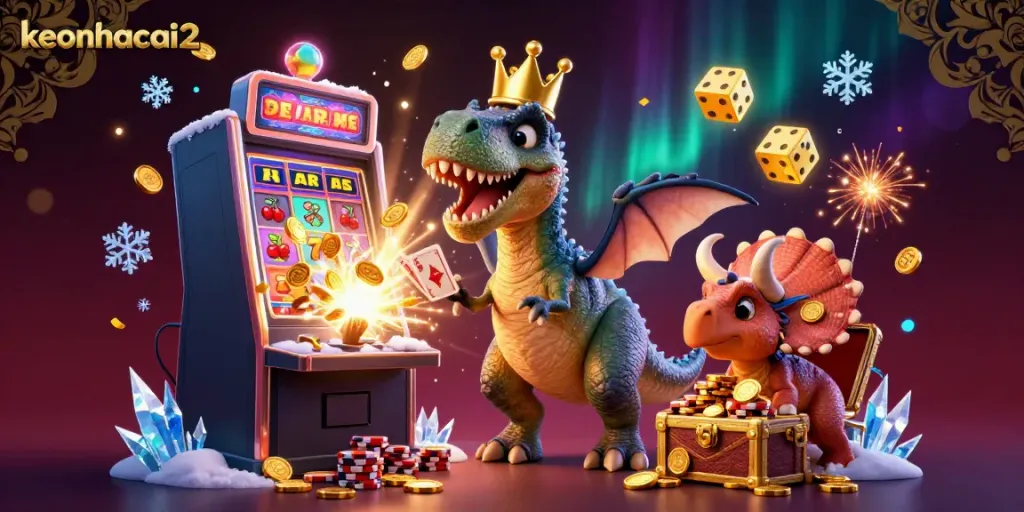 The 3D cartoon scene featuring keonhacai2 illustrates T-Rex and friends enjoying casino games amid fireworks and jackpots.
