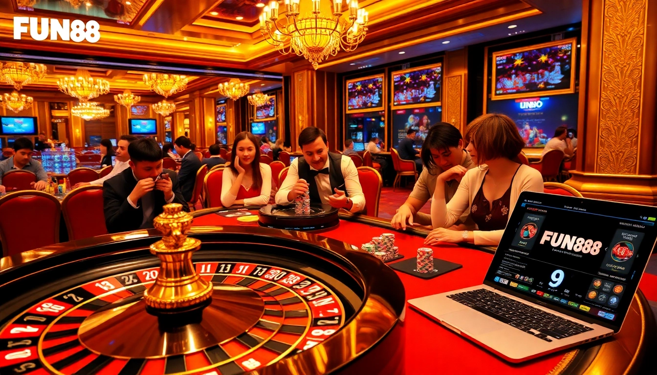 Accessing FUN88 đăng nhập with excitement at a lively casino table setting and vibrant atmosphere.