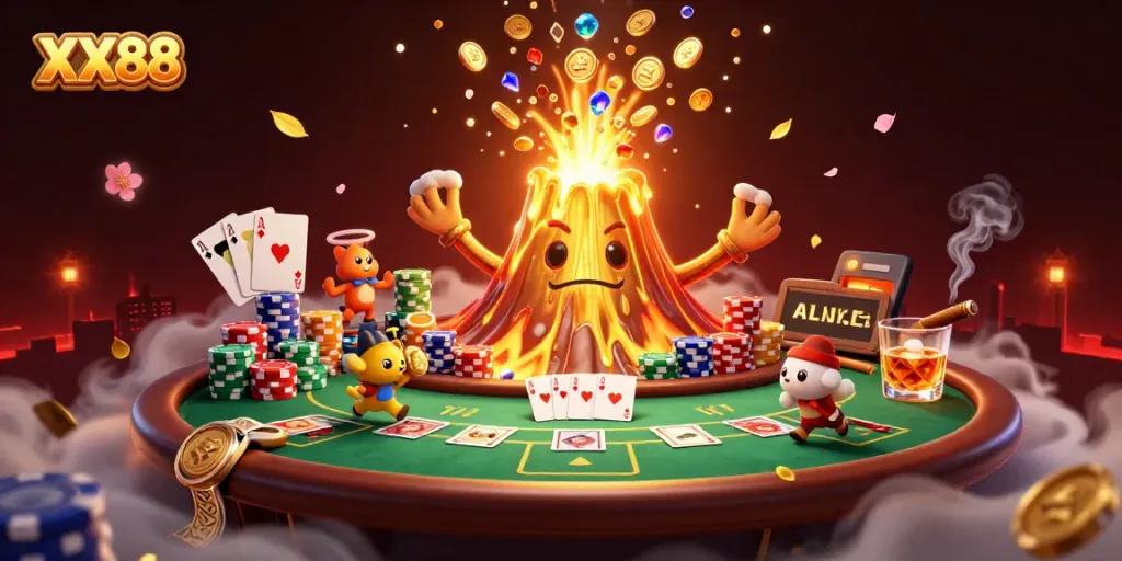 Experience the thrill of winning with XX88 in this dynamic casino scene featuring a golden volcano and poker elements.