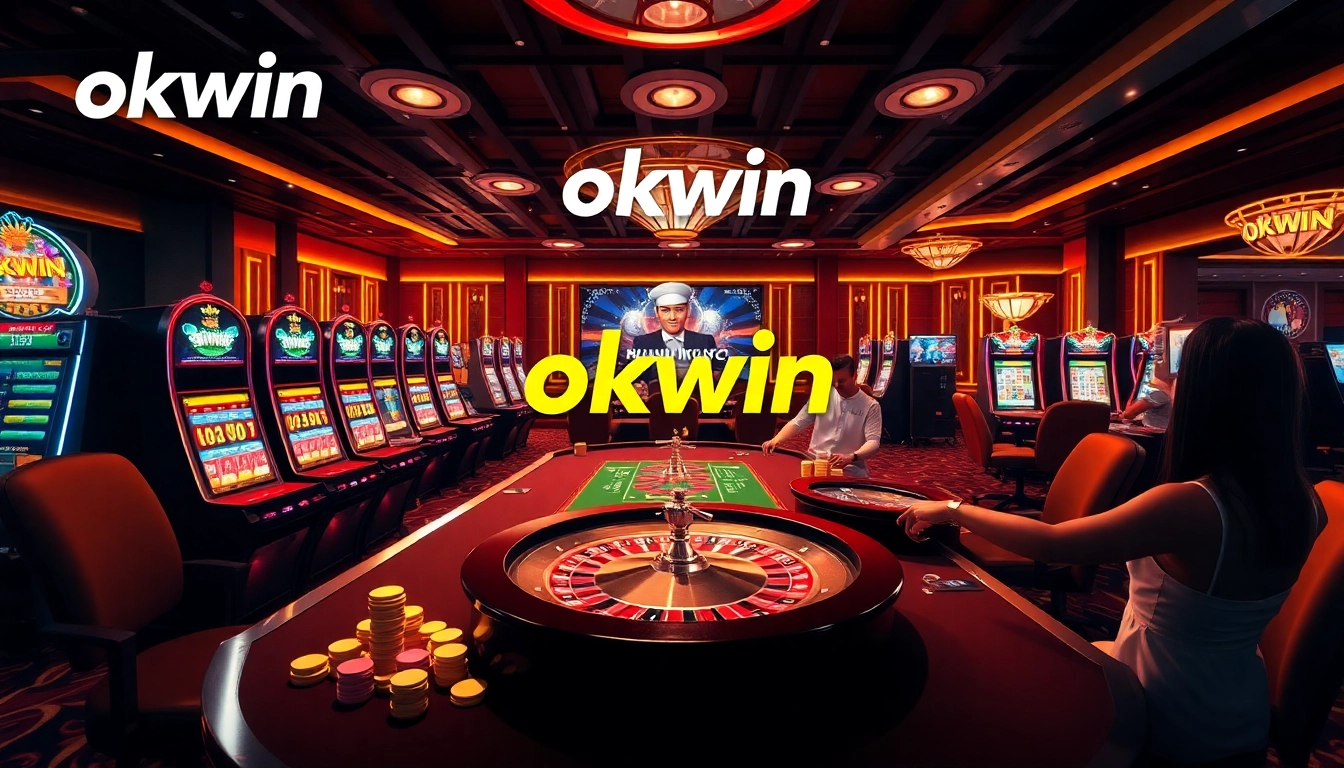 Players enjoying the excitement of online gambling at OKWIN Casino, featuring vibrant tables and slot machines.