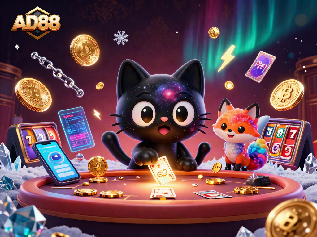 Engage with AD88 in a cosmic casino illustration showcasing thrilling gaming elements.