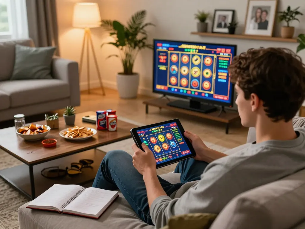 Engaged player using TG88 app for online gambling on a cozy sofa, showcasing a vibrant gaming atmosphere.
