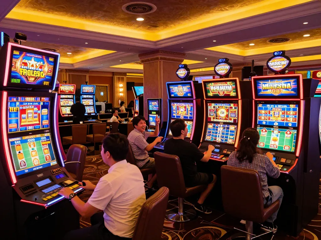 Cwin players celebrating jackpot wins at vibrant slot machine area in a luxurious casino atmosphere.