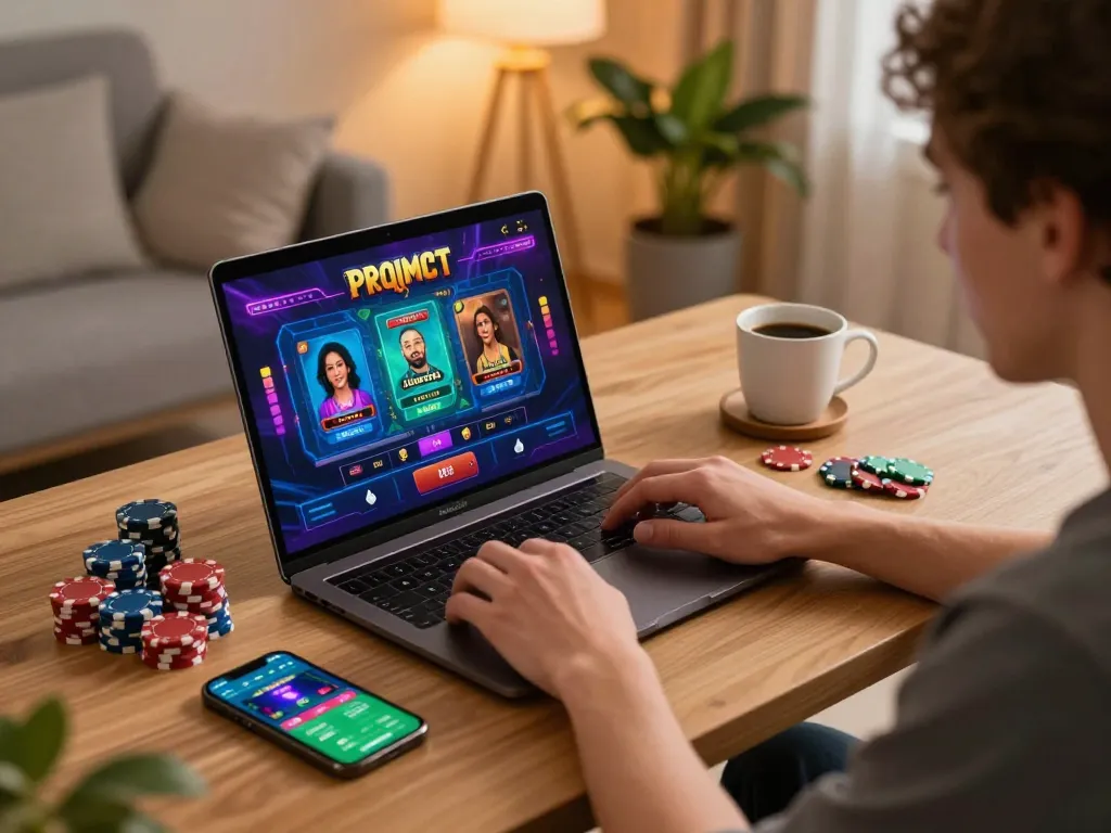 Engaging in a Pragmatic demo game on a laptop at home, showcasing vibrant gameplay and strategic poker elements.