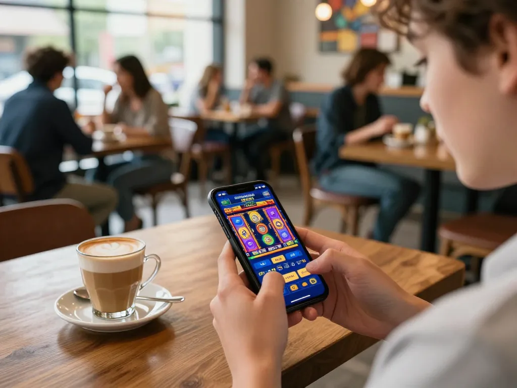 Engaging in mobile play at a coffee shop, enjoying vibrant slot games on a smartphone.