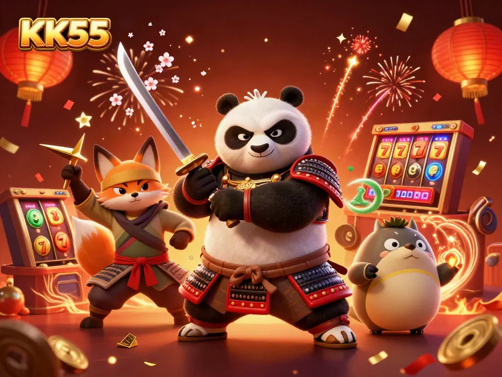 Experience thrilling slots with KK55 as a samurai panda and ninja fox celebrate victories.