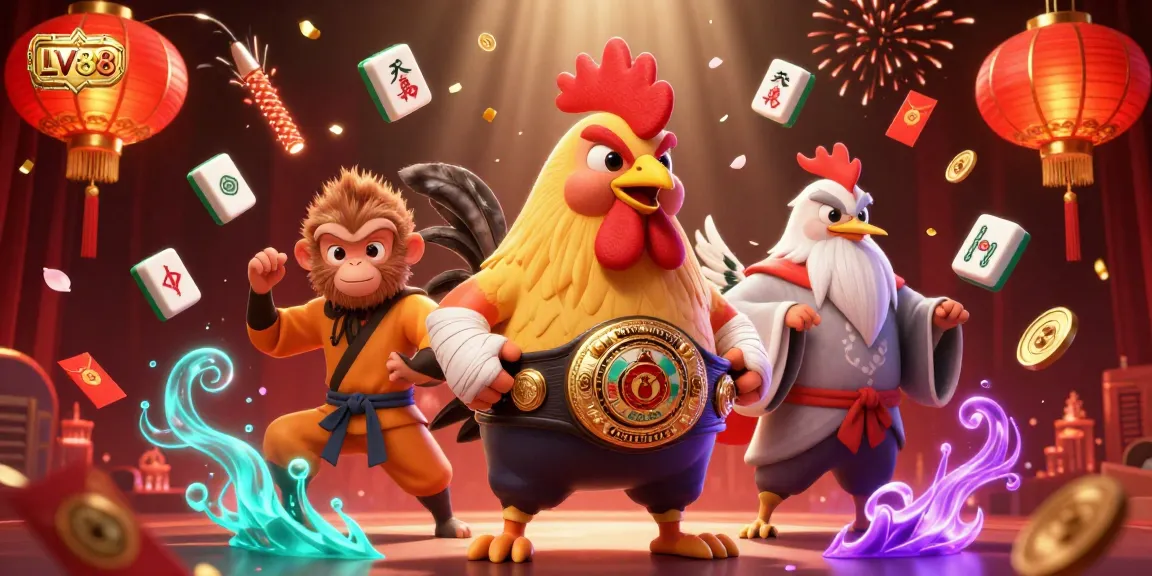Engage with LV88 as a Muay Thai rooster, Shaolin monkey, and crane master celebrate casino excitement.