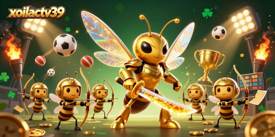 Engage with xoilactv39 as a dynamic 3D cartoon casino scene featuring golden hornet characters.