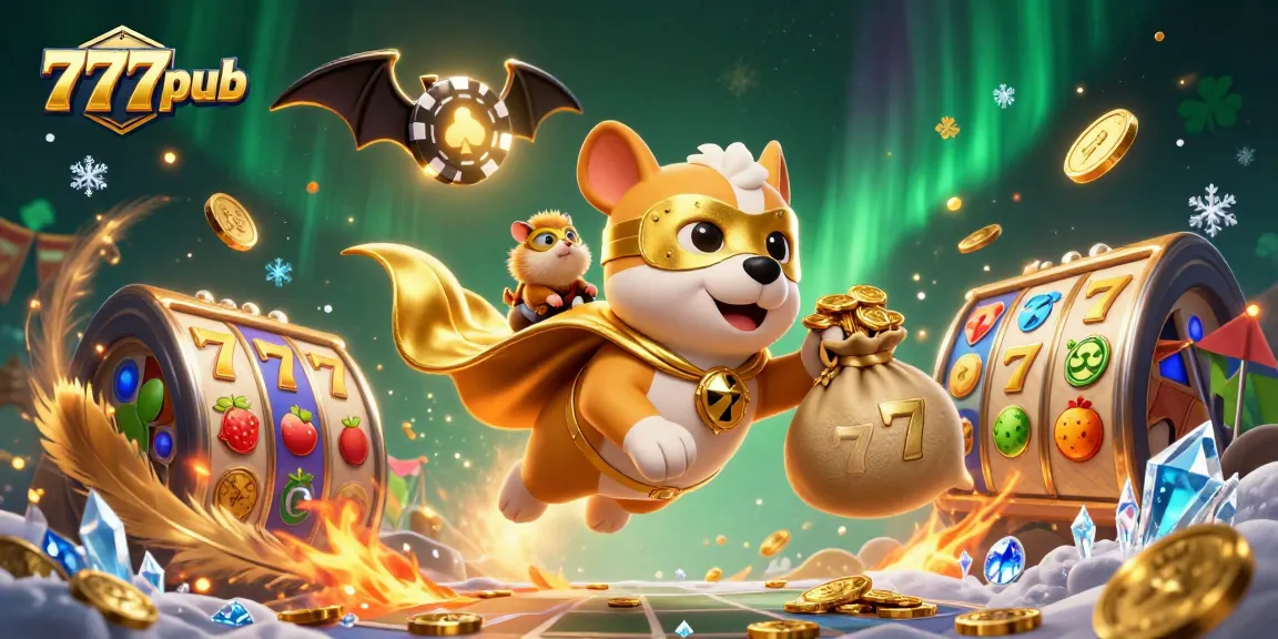 Experience thrilling wins with 777pub, as a superhero dog flies with gold coins amidst slot reels and festive elements.