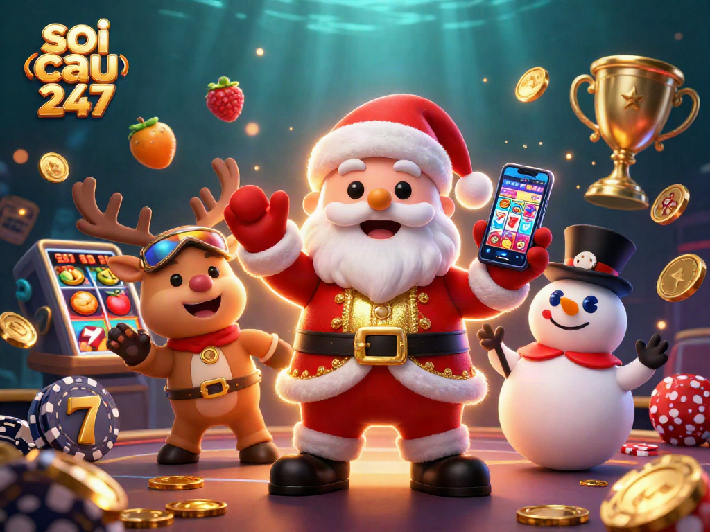 Engage with soi cau 247 as Santa Claus showcases jackpot slots, reindeer dealer, and poker chip snowman.