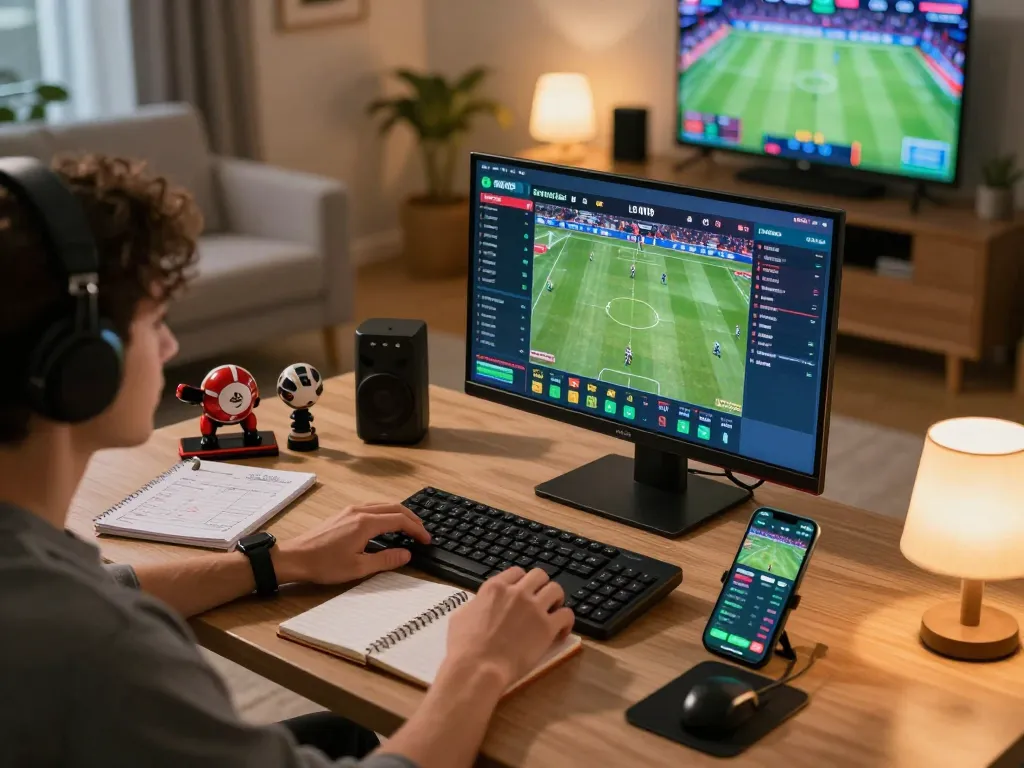 Person engaging in online sports betting on bong88v, surrounded by gaming devices and sports memorabilia.