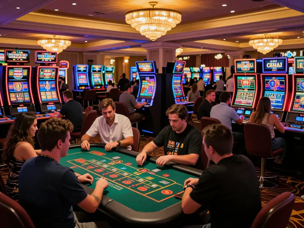 House guests enjoying poker at Nhà cái O8, surrounded by vibrant casino ambiance.