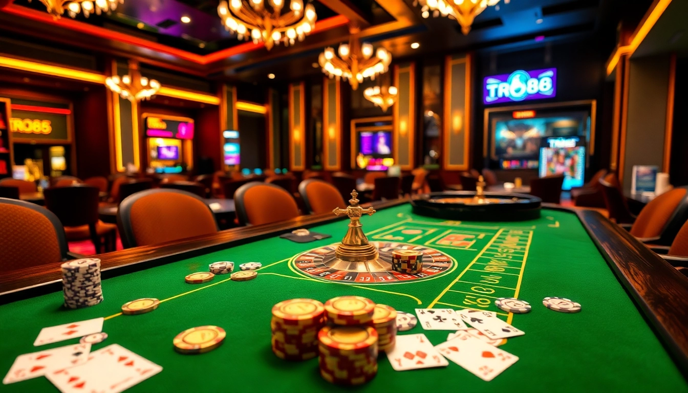 Experience thrilling gameplay at the TR88 casino table with vibrant poker chips and cards.