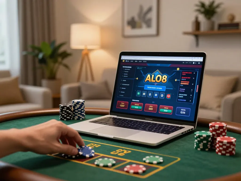 Engaging online betting experience on ALO8 platform, user placing bets at home.