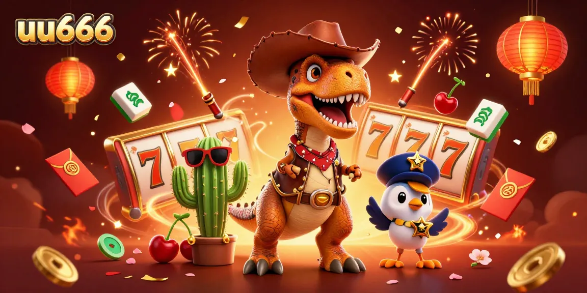Experience thrilling slots at uu666 with T-Rex, cactus, and roadrunner in vibrant casino scene.