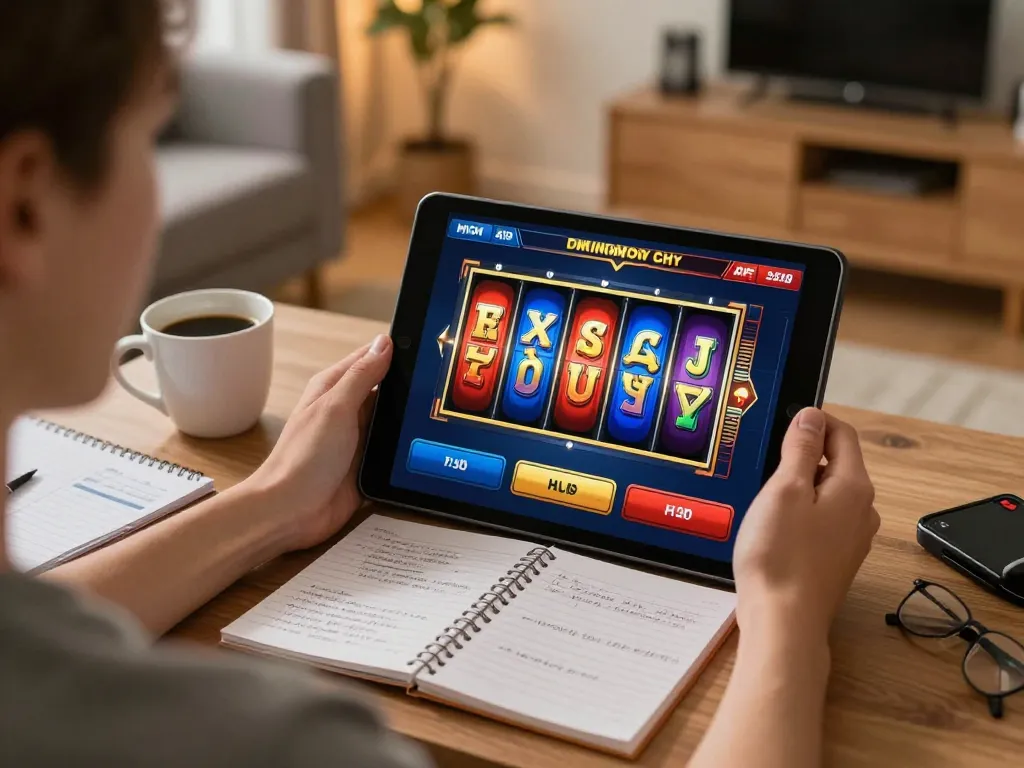 Player engaging with gen88h online slots on tablet, showcasing a vibrant home gaming atmosphere.