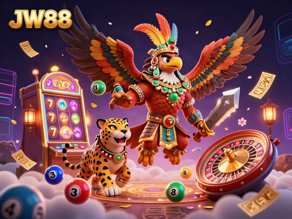 Experience the thrilling world of JW88 with a vibrant 3D scene of Aztec warriors surrounded by dynamic casino elements.