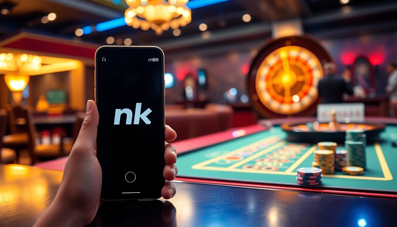 Experience the thrill of the nk88 app with vibrant casino elements like roulette and poker.