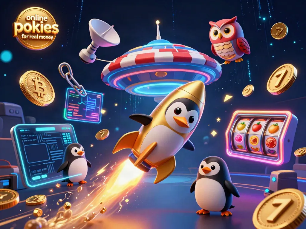 Engage in thrilling online pokies for real money with a dynamic scene featuring a golden penguin, casino elements, and crypto coins.