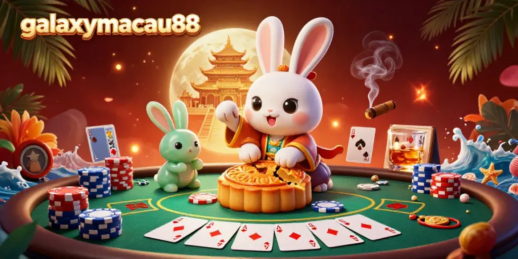 Engage with the thrilling gaming scene at galaxymacau88 featuring a moon rabbit and poker elements.