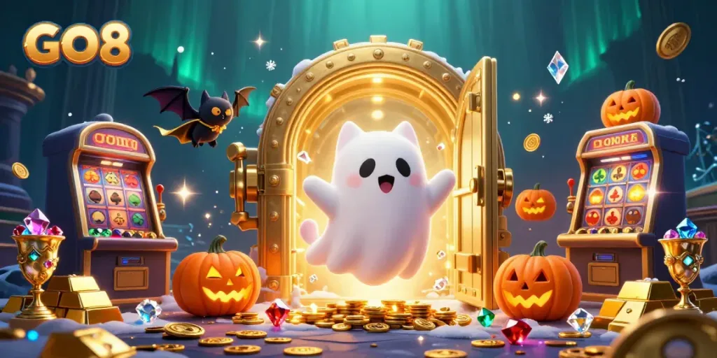 GO8 ghost cat exploring haunted slots with treasure and casino elements.