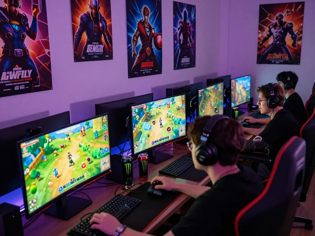 Players engaged in competitive online farming simulation gaming at https://1gom.farm/ with vibrant setups and immersive atmosphere.