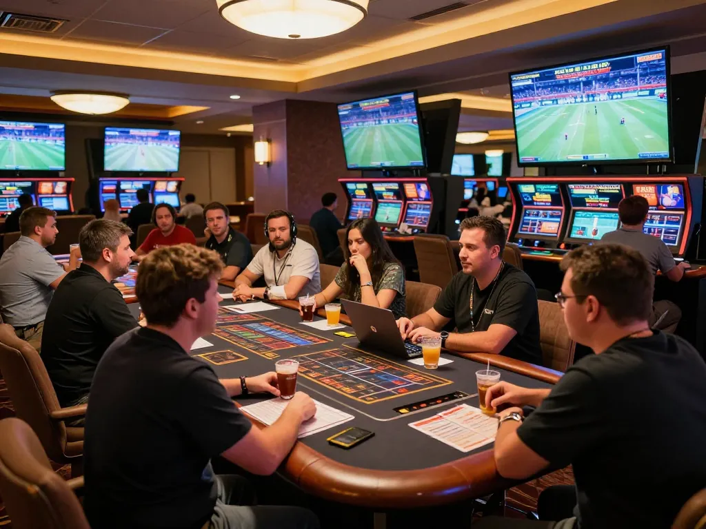 Nowgoal sports bettors engaging with live match screens and placing bets in a vibrant casino setting