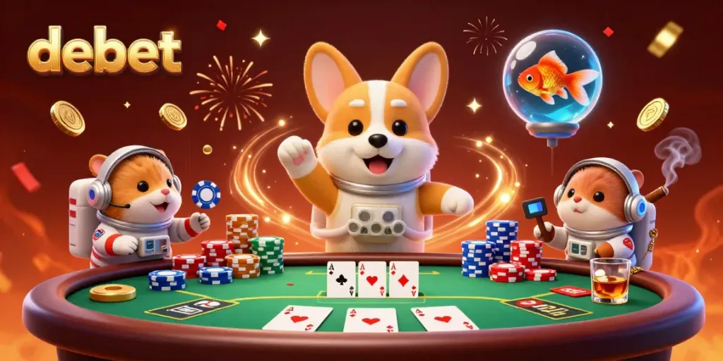 Experience thrilling gaming action in Debet's zero-gravity casino with immersive characters and vibrant elements.